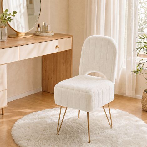 Pouf coiffeuse avec rangement et dossier rabattable, petit ottoman carré rembourré en fausse fourrure effet lapin, siège maquillage/chambre, pieds métal doré – Blanc – Taille S – Rabbit fur (1/5)
