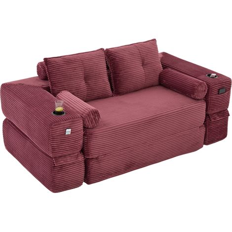 2-Sitzer-Schlafsofa aus bordeauxfarbenem Cord mit Schaumstoff und Federn (1/5)