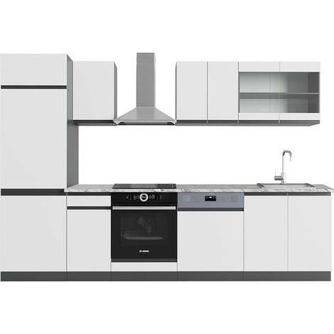 Mueble de cocina R-Line, Blanco/antracita, 300 cm , ET Mármol, Vicco