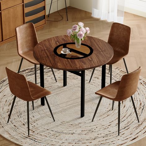 Conjunto de mesa de comedor redonda Ø100 cm efecto madera marrón con inserto de cristal y 4 sillas de tela marrón, para cocina/comedor (1/5)