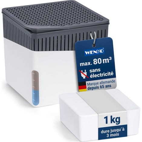 Déshumidificateur Cube 1000 g, pour pièces jusqu’à 80 m³, elimine l'humidité, anti moississure, sans électricité, silencieux, rechargeable, blanc (1/5)
