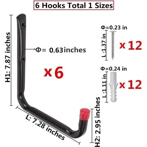 Crochets de rangement muraux robustes – Lot de 6 pièces en acier galvanisé, 17 cm, pour tuyau d’arrosage, vélo et chaise pliante