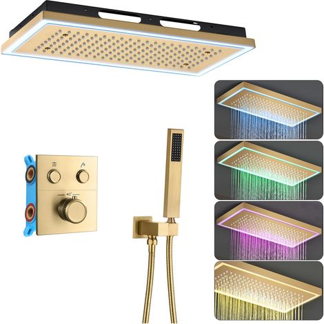 Colonne Douche Encastrable Or Brossé, 64 Farben LED Douche Encastrable Thermostatique Colonne de Douche, Installation au Plafond Ensemble Douche avec 400  200mm Pommeau de Douche (1/5)