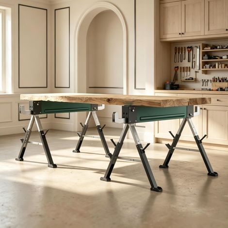 Set de 2 tréteaux pliants métal, 1160 kg, hauteur réglable 64-81 cm, surface EVA, poignée de transport (1/5)