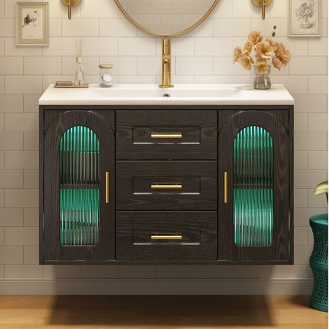 Mobile bagno sospeso 76 cm con lavabo, LED, ante in vetro rigato, nero HAVRYA (1/5)