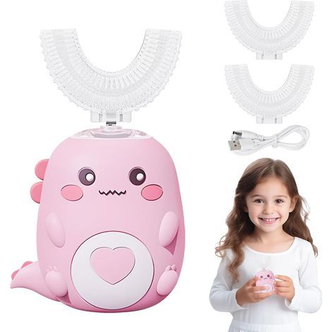 360° Electric Toothbrush for Children, Dinosaur Design, with 2 U-Shaped Silicone Brush Heads, Toothbrush for Children 2-8 Years Old (Pink) (1/5)