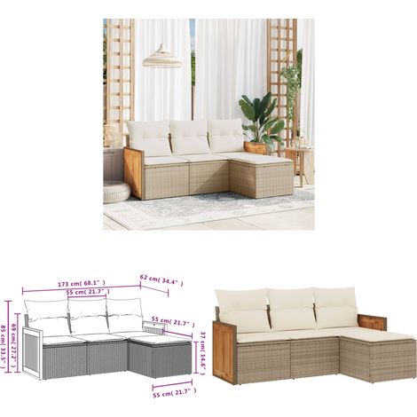 Salon de jardin avec coussins 4 pcs beige résine tressée - Ensemble Salon De Jardin - Meuble De Jardin - Salon Extérieur - Résine Tressée - Rotin Synthétique - Home & Living (1/3)