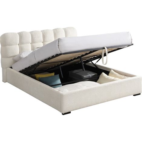 Lit coffre adulte 180x200 cm avec sommier et tête de lit capitonnée en tissu bouclé beige - Lola (1/5)