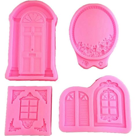 Ensemble de 4 moules en silicone 3D pour portes et fenêtres, bordures de gâteaux, décoration de fondant et de biscuits (1/5)