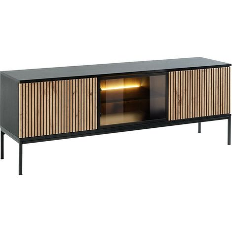 Meuble TV Soferi 111, Noir + Chêne wotan, Le nombre de portes: 3, Nombre de tiroirs: 0, 154x56x39cm, LED (1/5)