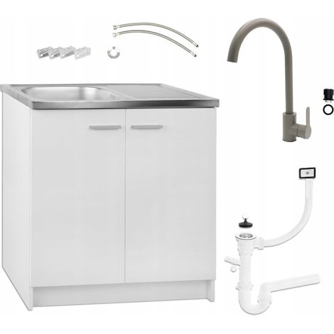 Weißer Küchenschrank – 80 x 50 cm – Edelstahlspüle – Hohe Armatur – Siphon