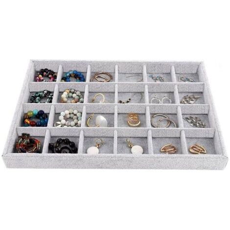 Plateaux à bijoux empilables en velours faits à la main Anneaux Boucles d'oreilles Organisateur de bracelet Plateau de rangement (24 grilles) (1/4)