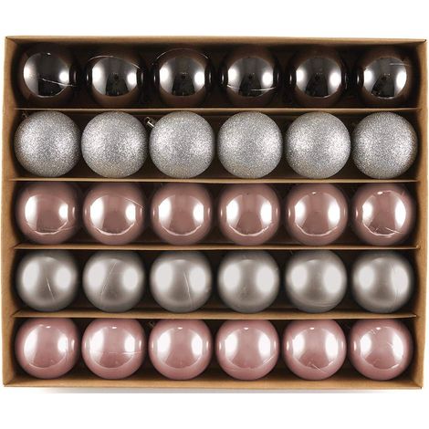 Deco Assortiment de 30 Boules de Noël - Décoration de Noël - Argenté/Rose/Gris à Suspendre - Assortiment de Boules en Plastique (1/5)