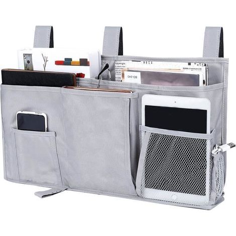 Sac de rangement pour lit mezzanine - Gris - Pour livres, magazines, téléphone et casque (1/4)