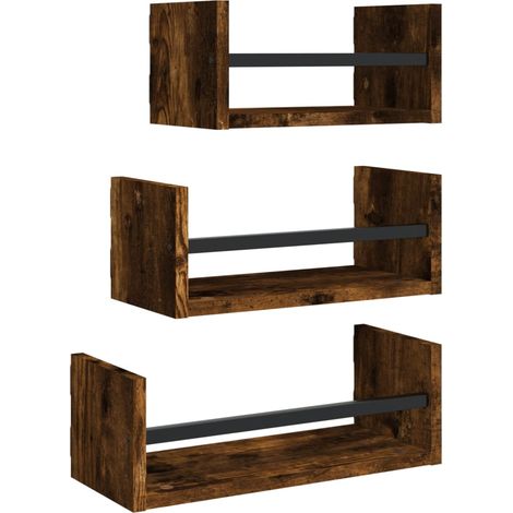 Ensemble d'étagères murales avec barres 3 pcs Étagères flottantes chêne fumé (1/5)