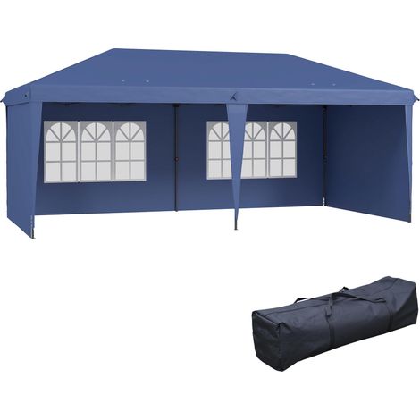 Tente pliante pop-up 6 x 3 m avec 4 côtés détachables, tonnelle de jardin avec 2 fenêtres et sac de transport, bleue (1/5)