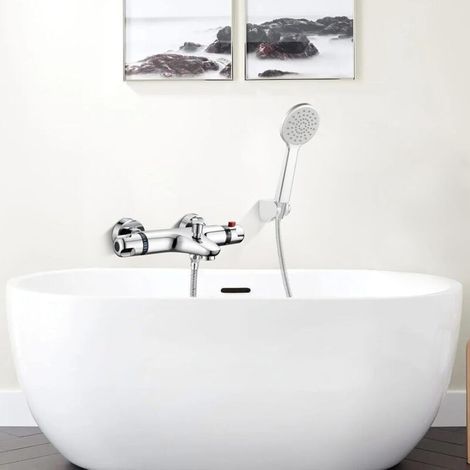 Mitigeur thermostatique bain-douche, mitigeur de baignoire mural avec douche, mitigeur thermostatique bain (avec bec), mitigeur thermostatique douche, 38 °C, verrouillage de sécurité (1/5)