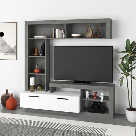 Parete Porta TV Leo Bianco e Cemento - 1 Anta e Vani - 171x42x171 h cm