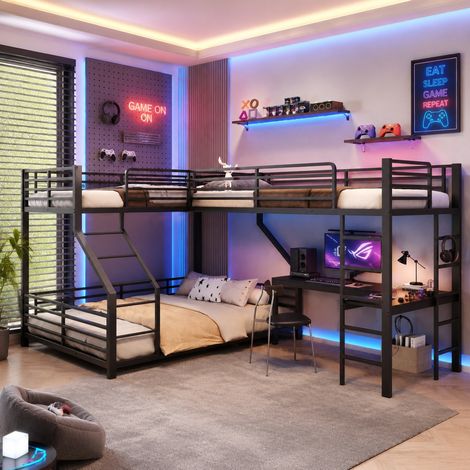 Letto a castello triplo 298x204.5x175 cm con scrivania, presa doppia USB e Type C, MDF e metallo nero (1/5)