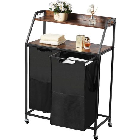Trier à Linge 2 Niveaux avec Cadre Métallique et Plateau en Bois,Panier Roulant Organizer 2 Sections pour Vêtements Sales (1/5)