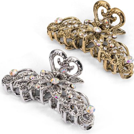 Set di due fermagli per capelli a forma di artiglio, adatti a donne e ragazze, dallo stile retrò metallico, con fermagli a forma di banana e fiore con strass scintillanti, dalla tenuta forte e antisci (1/4)