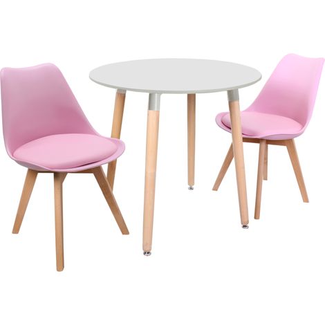 Esszimmergarnitur „Halo Round Lorenzo“ – ein weißer Esstisch aus Holz und ein Set mit 2 rosa Esszimmerstühlen aus Polypropylen – Esszimmerküche