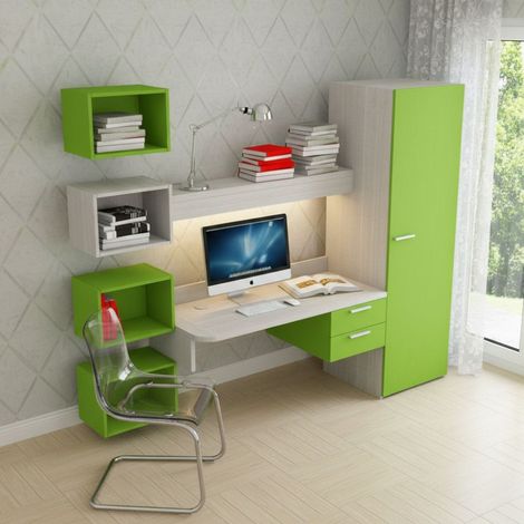 Scrivania sospesa design con mensola luminosa, pensili e armadio - Rovere rock (1/5)