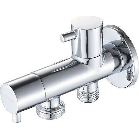Robinet d'Arretz de régulation avec Poignée pour Douchette WC, Robinet d'Arret avec Deux sortie (20mm, Eau froide), Chromé (1/5)