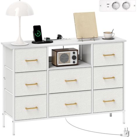 Commode 8 tiroirs en tissu bouclette, meuble de rangement avec 2 prises de courant, structure en acier 110x30x76cm crème (1/5)