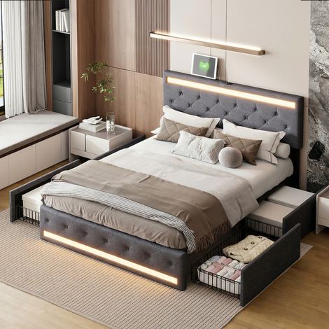 Cama tapizada de 140 x 190 cm, equipada con iluminación LED RGB, puerto USB Type-C, 4 cajones de almacenaje con ruedas, cabecero de lino y estructura de cama de estilo moderno