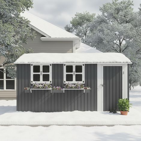 Abri de jardin métal galvanisé 359x284 cm gris - Portes doubles verrouillables 3 fenêtres avec barres à fleurs - Gris (1/5)