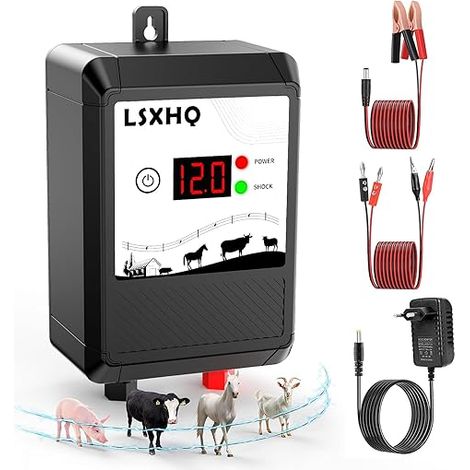Clôture Electrique pour Animaux 12kV 2 Joules , 10KM Electrificateur de Clôture Electrique avec Affichage LED, Protection pour Chevaux, Moutons, Chiens, Pâturages et Ferme (Noir) (1/5)