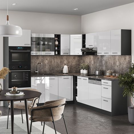 Cuisine en angle R-Line, Blanc brillant/Anthracite, 237 x 60 cm sans plan de travail, Vicco