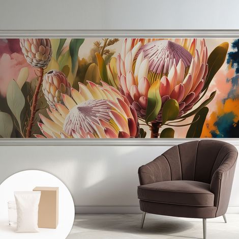 Papier peint intissé décoratif pour salon chambre et cuisine Facile à poser avec colle Fleurs de protéa 250x104 cm (1/5)