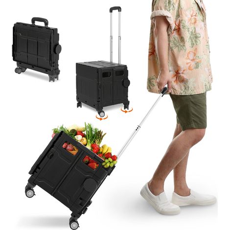 Jiubiaz Carrello spesa pieghevole 50L con coperchio, 4 ruote, trolley box per spesa e casa, nero