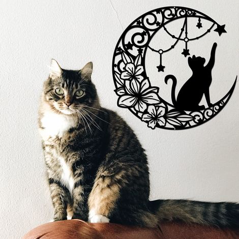 Décoration murale en métal lune et chat, décoration murale moderne à suspendre, art mural silhouette, image en métal, convient pour salon, hôtel (1/5)
