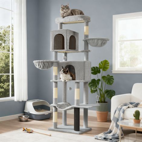 Grand Arbre à Chat 190 cm, 2 Paniers, 2 Niches, 5 Griffoirs, Toilettage Autonome, Hamac, Perchoir, Gris Tourterelle (1/5)