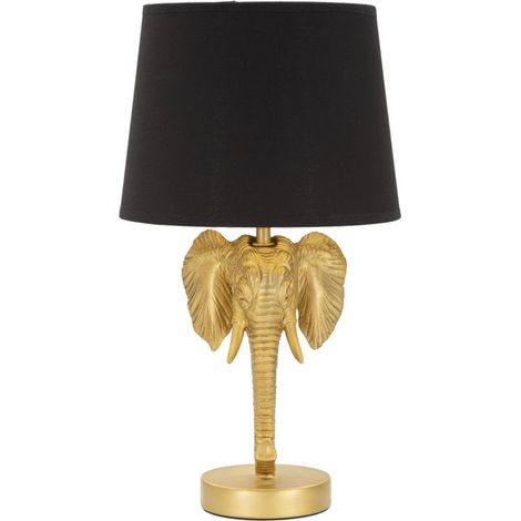 Lampada da comodino Elefante piccola in resina dorata con paralume in tessuto nero