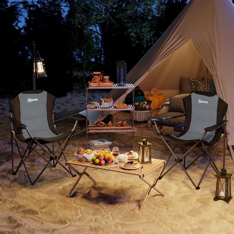 Set aus 2 gepolsterten, klappbaren Campingstühlen mit hoher Rückenlehne und Getränkehalter, Tragkraft 120 kg, dunkelgrau