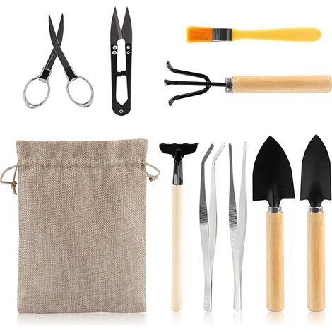 Ensemble de 10 Outils de Jardinage Bonsai pour Plantes Succulentes avec Pelles, Râteaux, Fourchette, Ciseaux et Brosse de Nettoyage