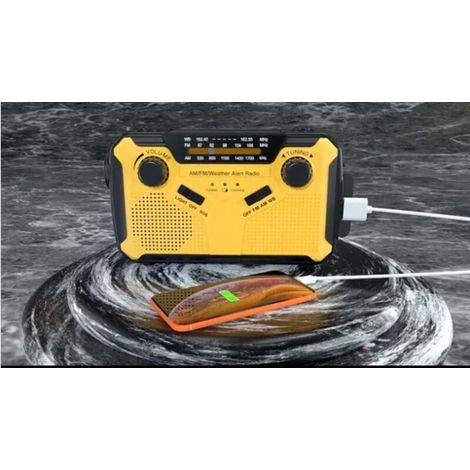 Radio FM/AM à manivelle, à piles, à énergie solaire, radio d'urgence avec alerte SOS/lampe de poche, jaune. (1/5)