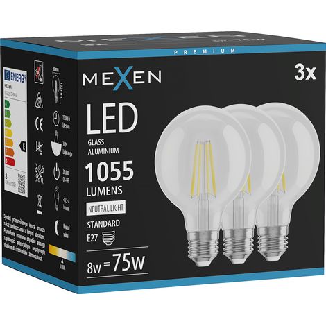 Mexen Vintis 3x Ampoule filament LED E27, G80, 8W, Neutre - 4000K, 1055 lm, clair - L155-E27-0840-00x03 (1/5)