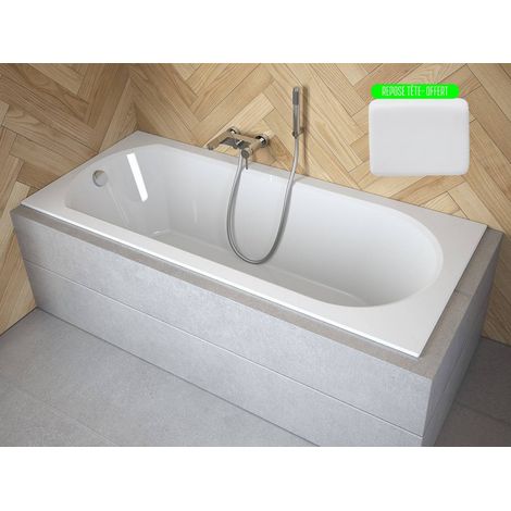 Baignoire rectangulaire blanche à encastrer + repose tête - 160 x 75 - INTRICA SLIM