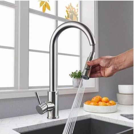 Robinet Évier Flexible – 360°, Acier Inoxydable, Aérateur Amovible – Pulvérisateur Rétractable, 2 Modes – Nickel Brossé (1/4)