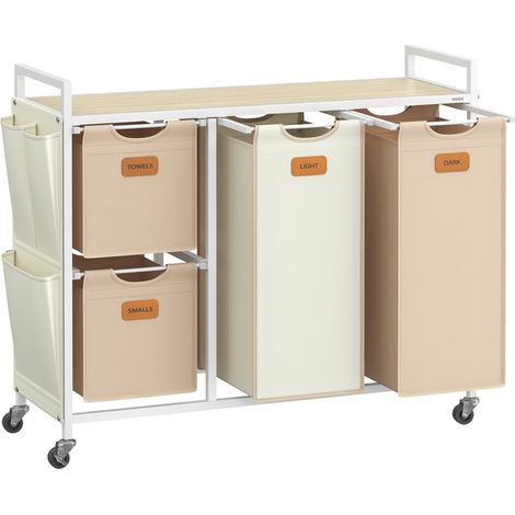 Cesto para ropa con 4 compartimentos capacidad de 150 litros contenedor con ruedas carro con estantes bolsa bolsillos laterales 6 etiquetas beige natural marrón caramelo y blanco crema 120006657 (1/3)