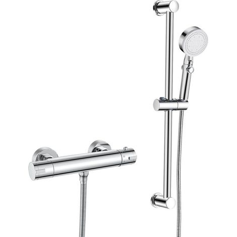 Thermostat-Duscharmatur-Set, Wandmontierte Thermostat-Duscharmatur, 635 mm Duschsäule mit Schlauch, 5-Düsen-Handbrause, Halterung, Messing, Chrom (1/4)