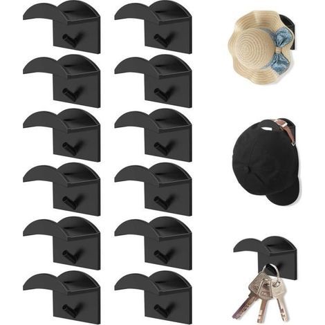 12 Stück schwarze Baseballkappenhalter zur Wandmontage, selbstklebende Kunststoffhaken für Tür, Schrank, Büro, Zuhause, Schlafzimmer (1/4)