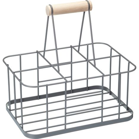 Caisse à lait porte-bouteilles en métal gris 29 x 20 x 13 cm – Poignée en bois durable – Rangement compact pour bouteilles de lait et vin