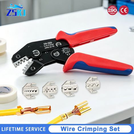 Pince à sertir SN-58B (3 mâchoires, 0,25-2,5 mm) avec 1 à 6 matrices pour sertissage précis de connecteurs de fils de 0,25 à 6 mm et de câbles de 24 à 10 AWG. Kit d'outils de sertissage inclus. (1/5)