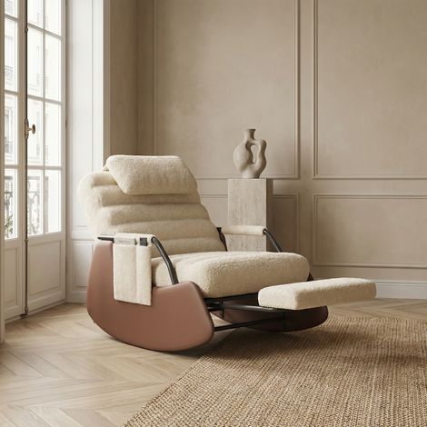 Sedia a dondolo con poggiapiedi pieghevole, poltrona relax, schienale regolabile in 3 posizioni, tessuto in lana, stile moderno, Beige